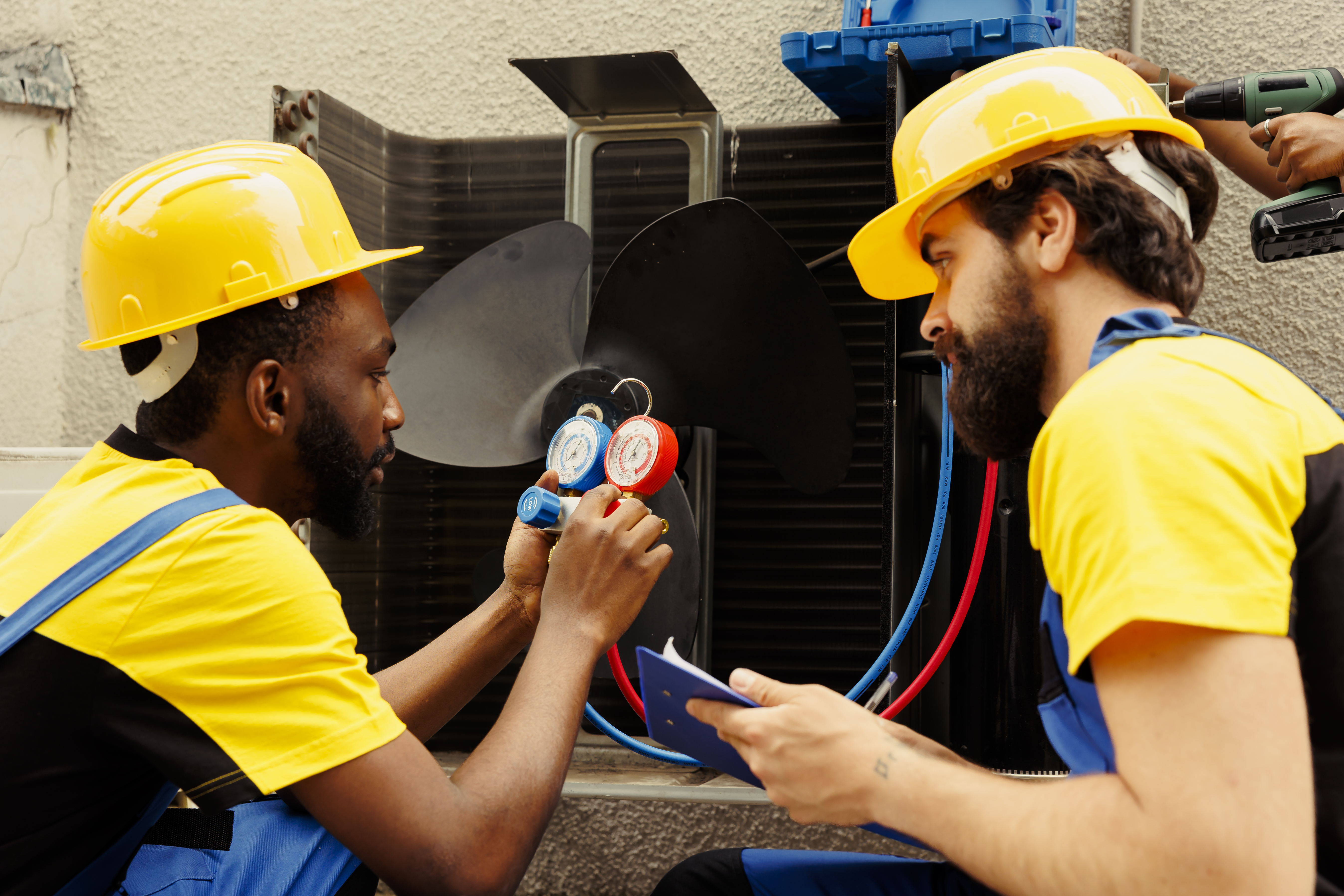 Technician servicing a rooftop commercial HVAC unit in New York City