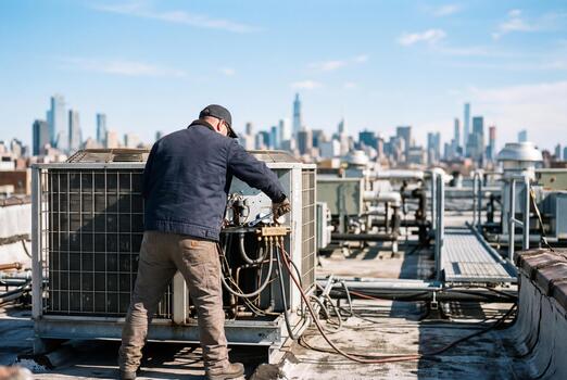 HVAC technicians working together on a rooftop unit